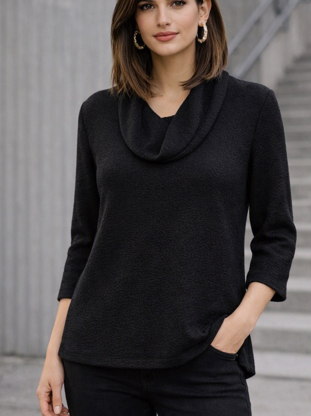 Notations Clothing Co. Black Cowl Neck 3/4 Sleeve Textured Top Size Medium